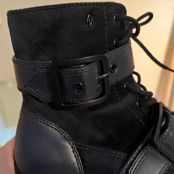 Armani Black Leather Moto Combat Boot Blue Ankle AX Oversized Buckle Zipper 7 38 - Picture 7 of 16